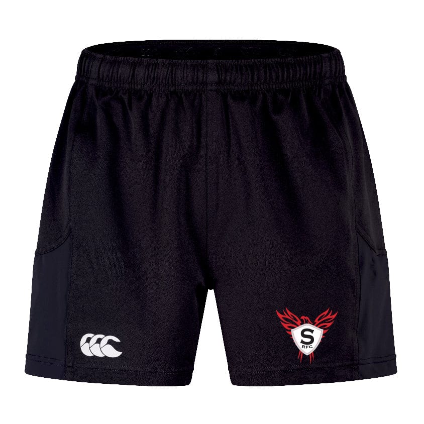 The black Superior Rugby Advantage Short 2.0 by EMB Canterbury features an elastic waistband, a white Canterbury logo on the left leg, and a red and white shield with winged design on the right, engineered for peak performance.