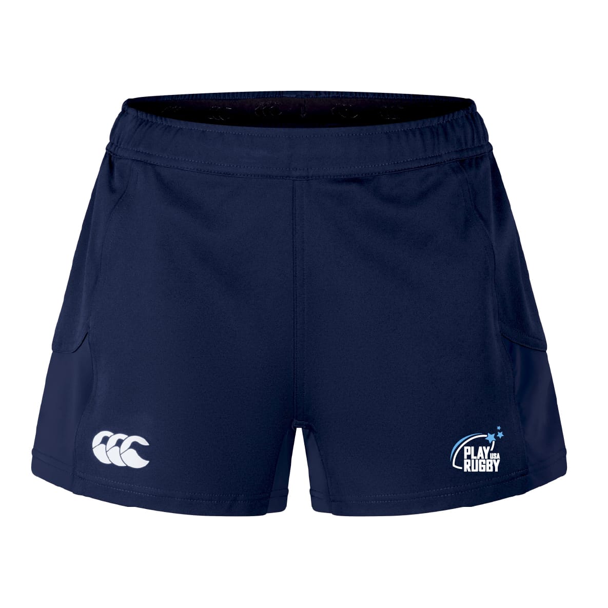 The Play Rugby USA Women's Advantage Short 2.0 by EMB Canterbury, in navy blue, features the "Canterbury" logo on the left hem and "Play Rugby" on the right, shown against a white background—ideal sustainable shorts for performance workouts.