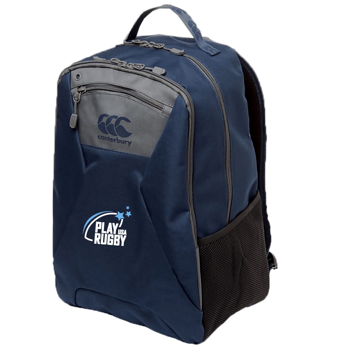 The Play Rugby USA Medium Backpack by EMB Canterbury features a navy blue design with gray accents, water repellent finish, front zipper pocket, mesh side pockets, padded laptop pocket, and "Play USA Rugby" logo on the lower front.