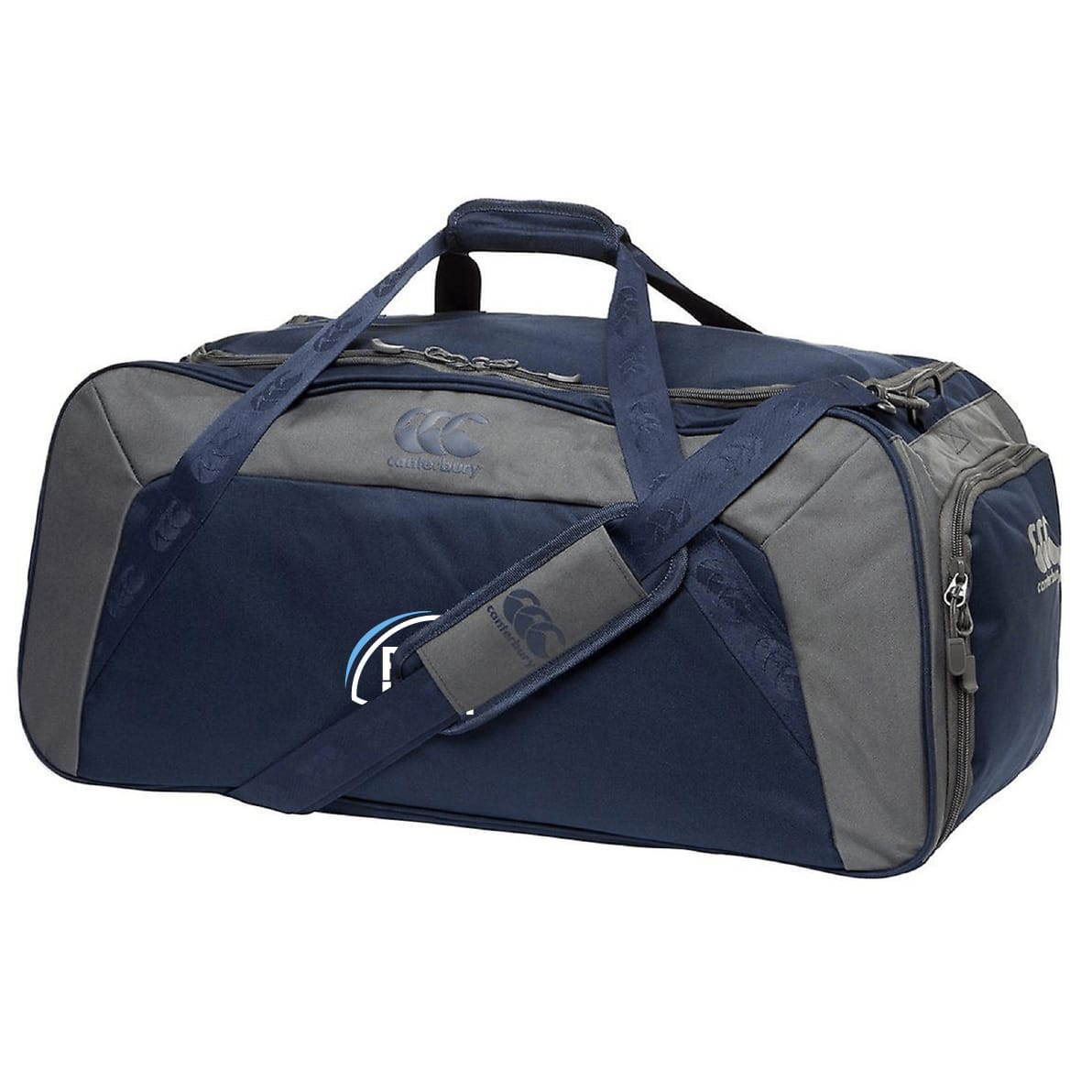 The EMB Canterbury Play Rugby USA Holdall Duffle Bag features navy blue and gray water-repellent fabric, a shoulder strap, zippered compartments, and a small side logo—ideal as a rugby gear holdall.