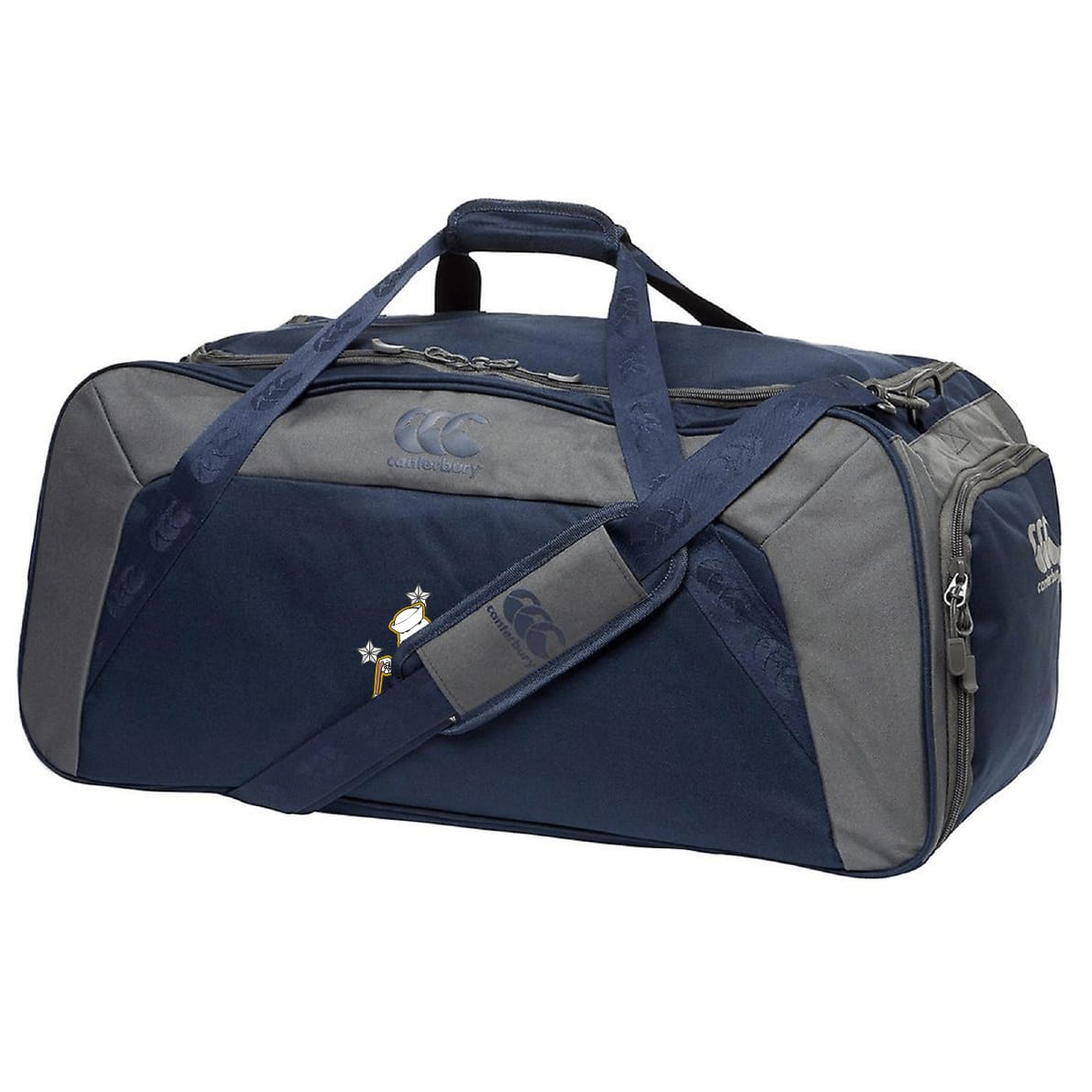 The Five Star Rugby Holdall Duffle Bag by EMB Canterbury features navy and gray colors, handles, a shoulder strap, side pocket, water-repellent fabric, and an embroidered logo—ideal for everyday rugby use.