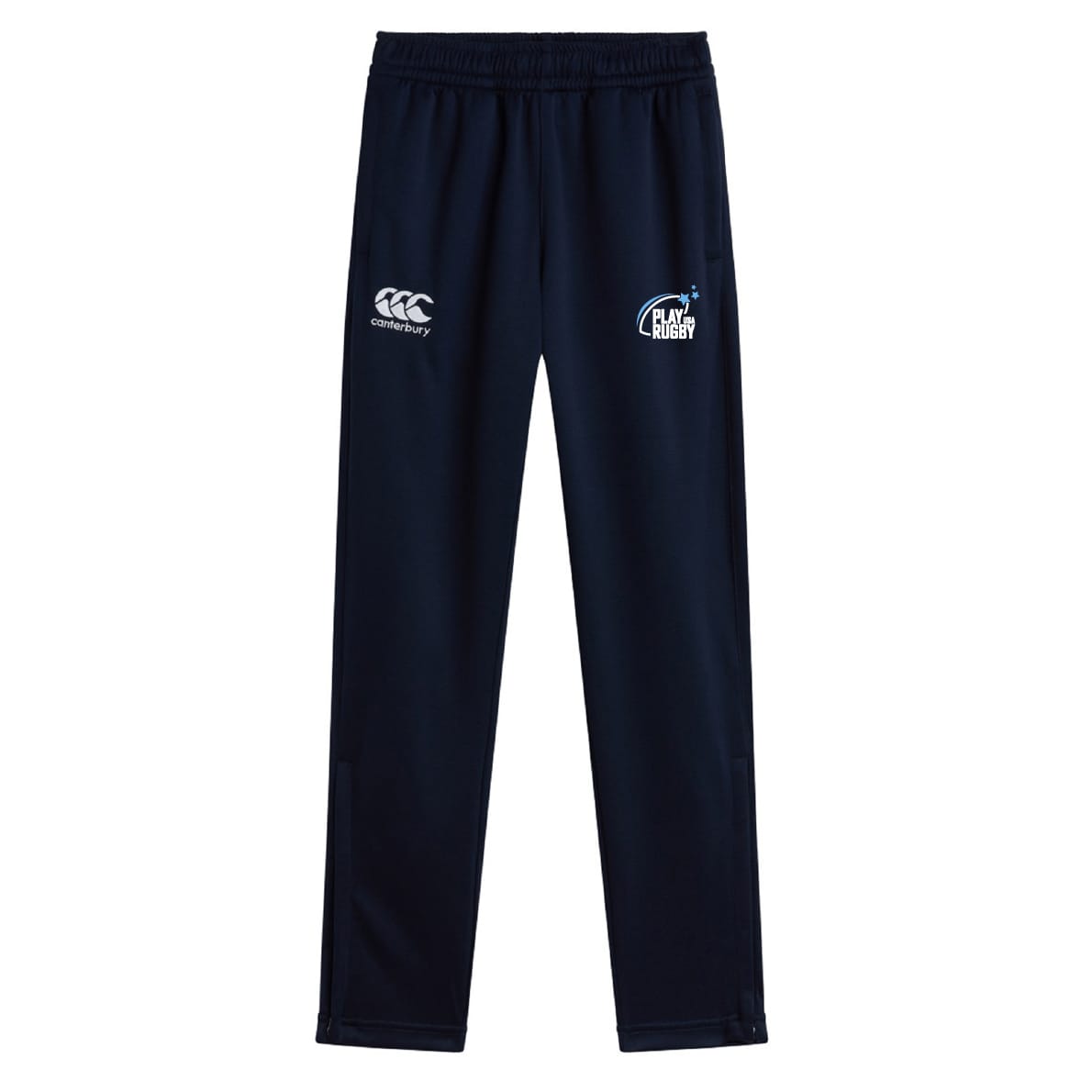 The Play Rugby USA Stretch Tapered Pant by EMB Canterbury features a navy blue design, elastic waistband, front “Canterbury” and “Play Rugby” logos, and quick-dry comfort—ideal men’s workout pants for active days.