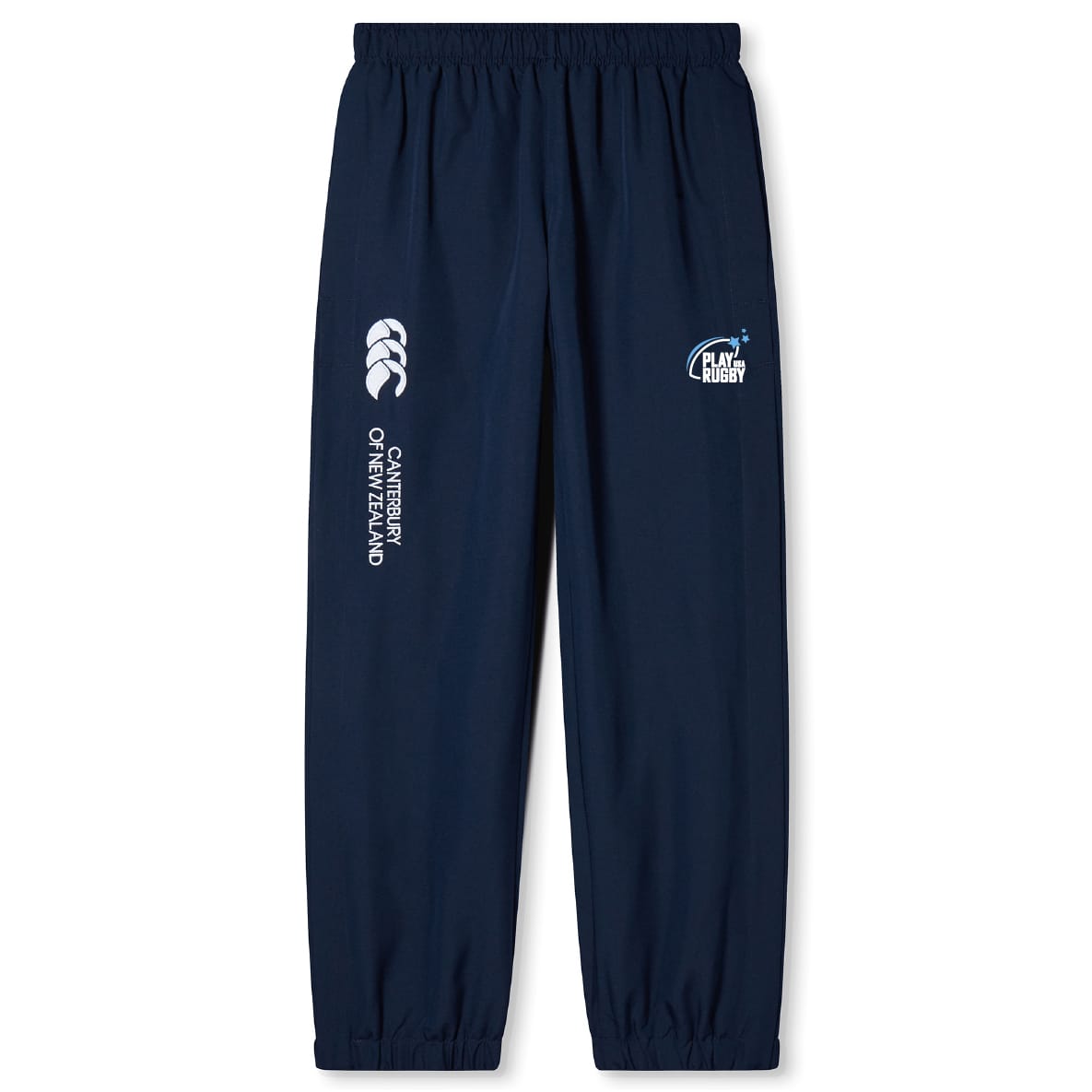 The EMB Canterbury Play Rugby USA Cuffed Hem Stadium Pant features an elastic waistband, cuffed hem, and "Play Rugby" logo on the front left leg. Navy blue color by Canterbury.