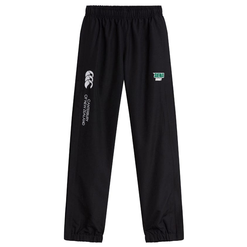 The Siena College Cuffed Hem Stadium Pant by EMB Canterbury is perfect for rugby enthusiasts, featuring an elastic waist, cuffed hems, and bold white logos on both sides for a stadium-ready look.