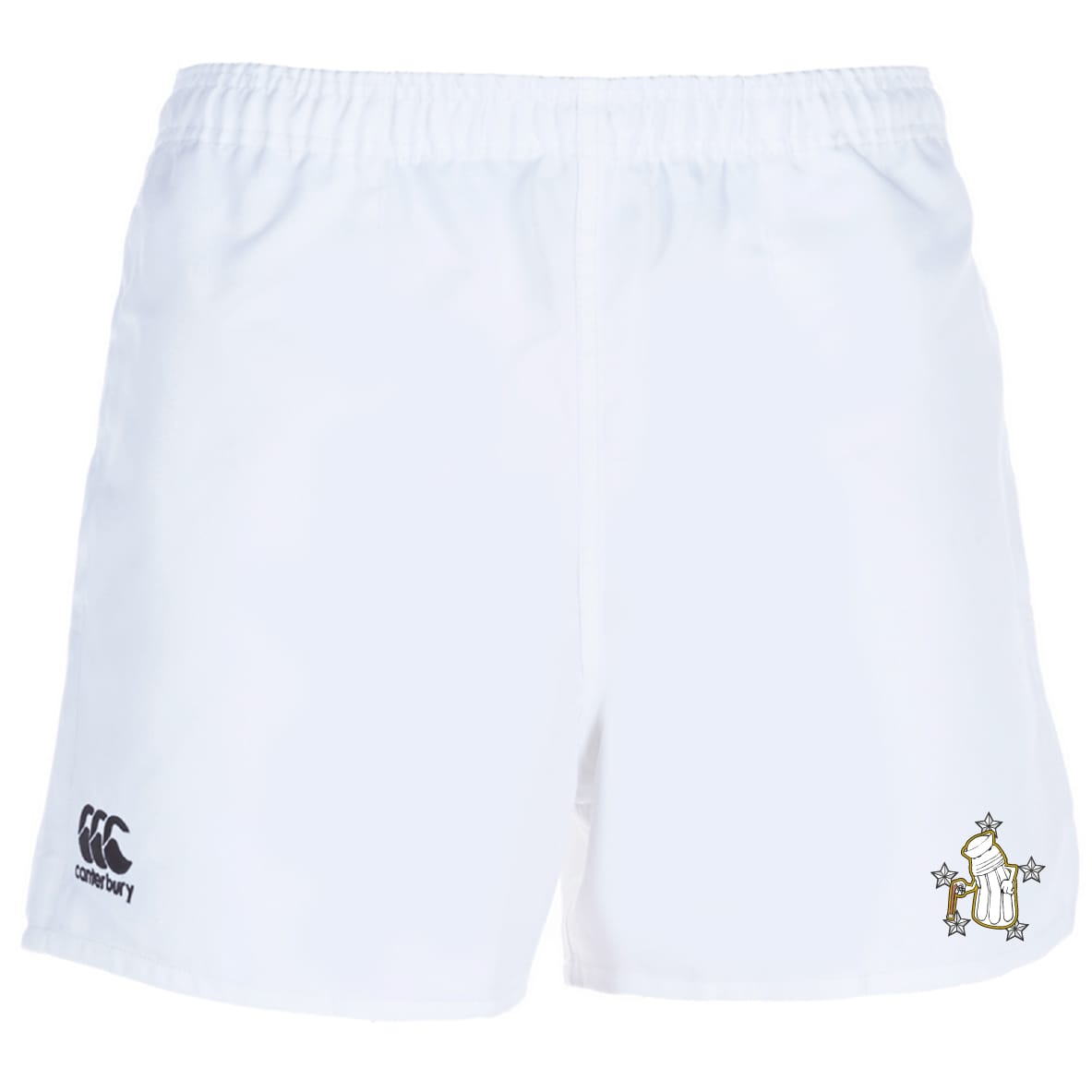 The Five Star Rugby Advantage Short 2.0 by EMB Canterbury features a black Canterbury logo left and a beer mug with stars right—ideal for fans of sustainable sportswear.