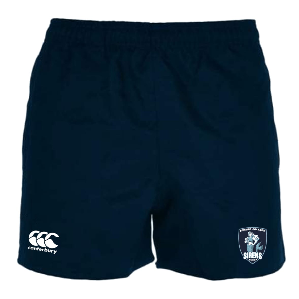 Eckerd College Advantage Rugby Shorts by EMB Canterbury in navy blue feature an elastic waistband, CCC logo on the left leg, and a "Sirens" crest on the right. Designed for comfort and moisture-wicking performance.