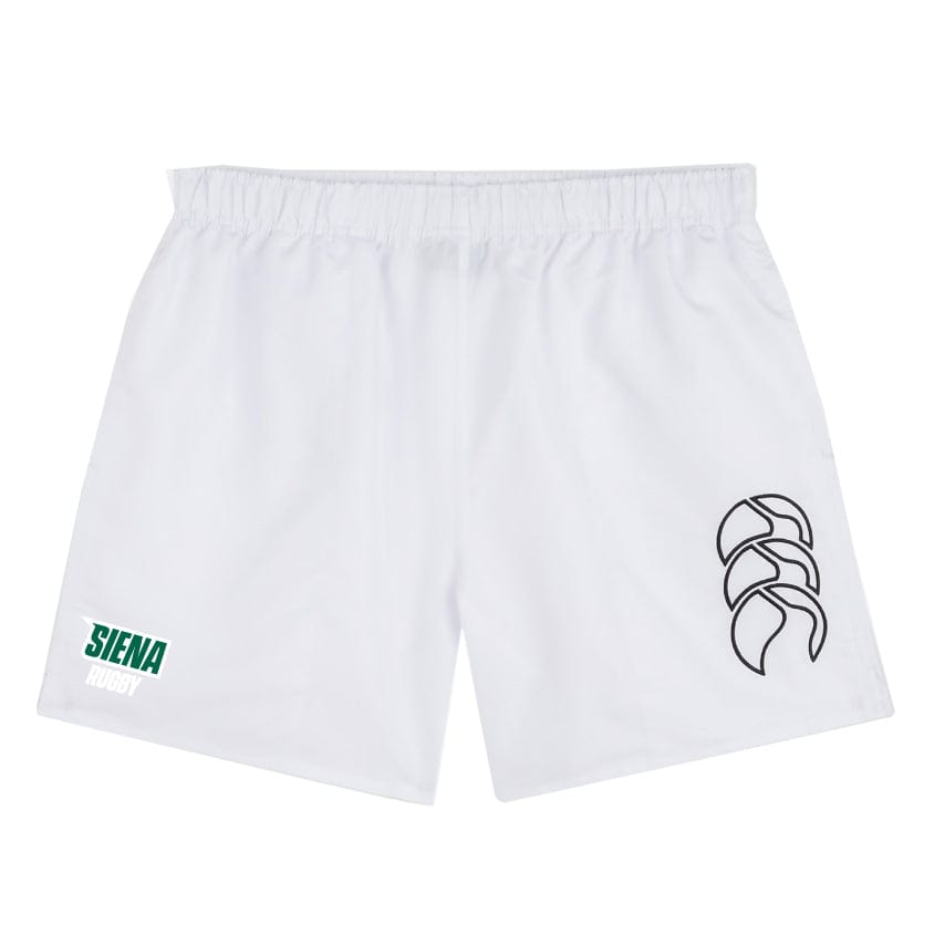 EMB Canterbury's Siena College Tactic Short blends style and function for rugby enthusiasts, featuring a black logo on the right and a green "Siena Rugby" emblem on the left.