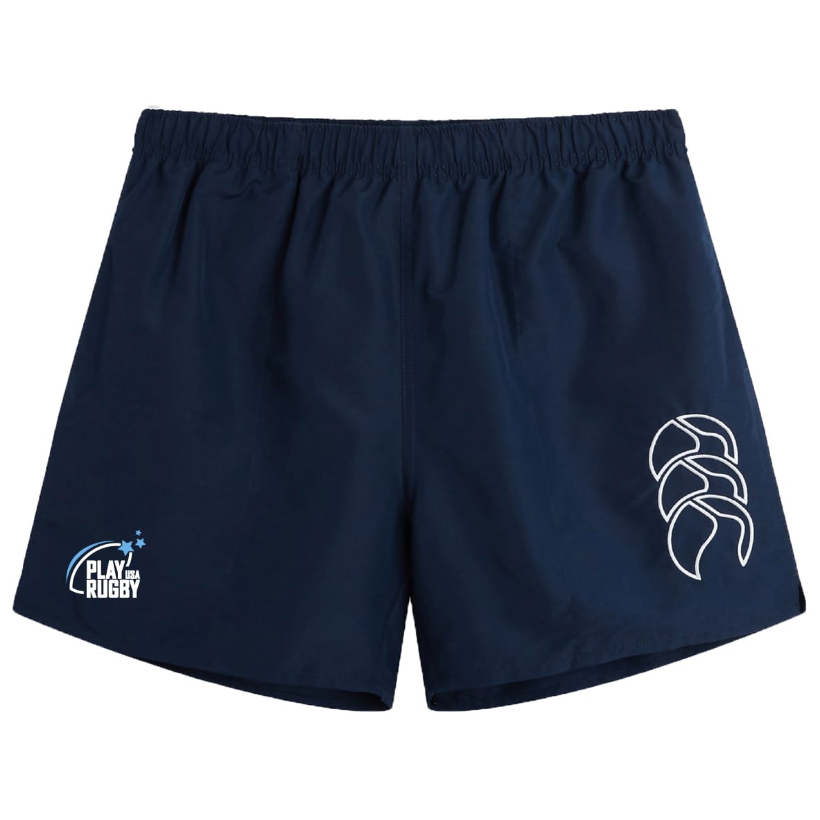 The Play Rugby USA Tactic Short by EMB Canterbury is a navy rugby short with an elastic waistband, white Play Rugby logo on the left leg, and a stylized emblem on the right—ideal quality men's sports shorts.