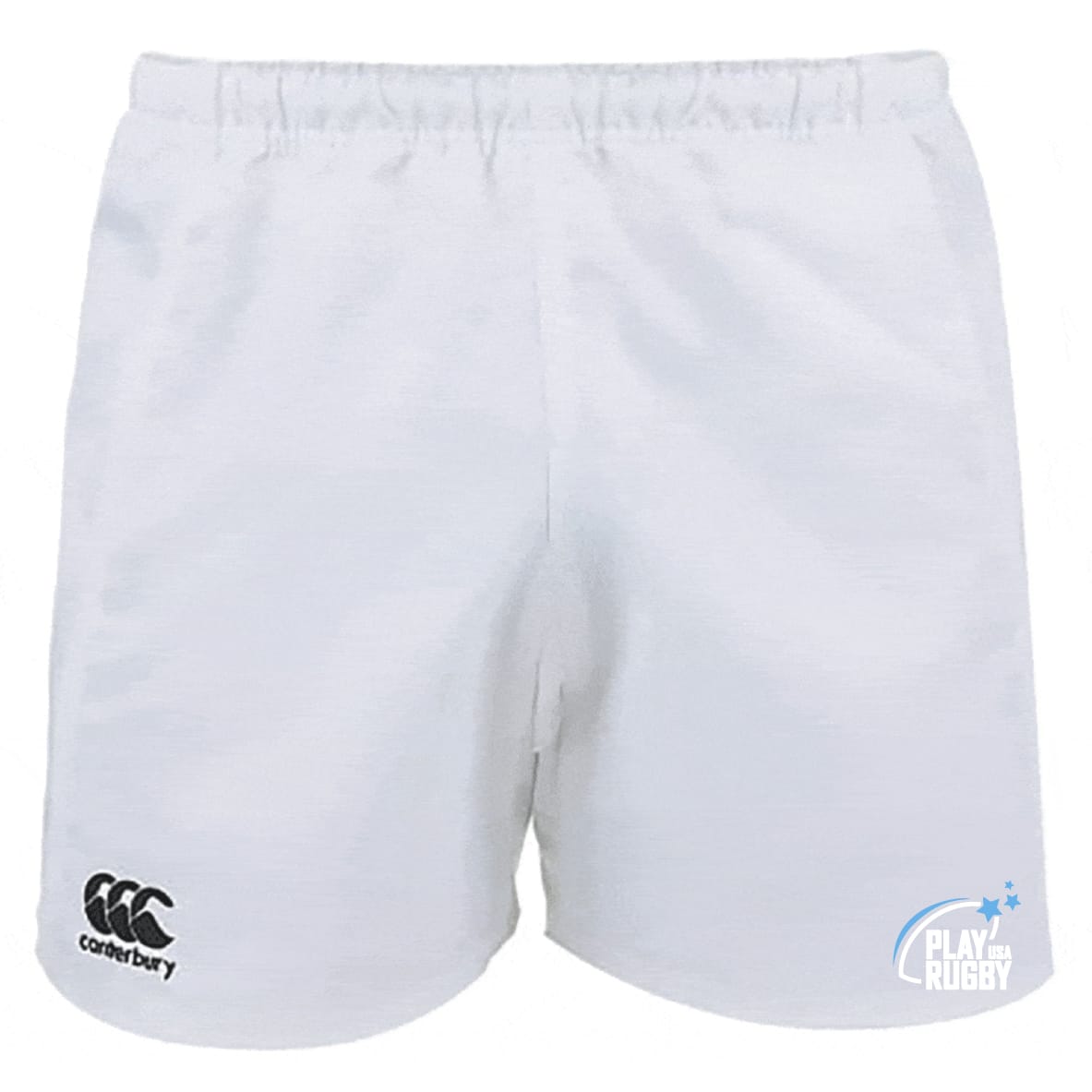 The Play Rugby USA Advantage Rugby Shorts by EMB Canterbury feature an elastic waistband, the iconic Canterbury logo on the left leg, a "Play Rugby" logo on the right, and moisture-wicking fabric for comfort during intense games.