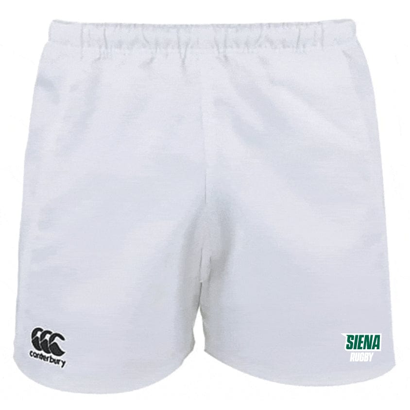 The Siena College Professional Polyester Rugby Shorts by EMB Canterbury feature durable polyester, the iconic Canterbury logo on the left leg, and the Siena Rugby emblem on the right.