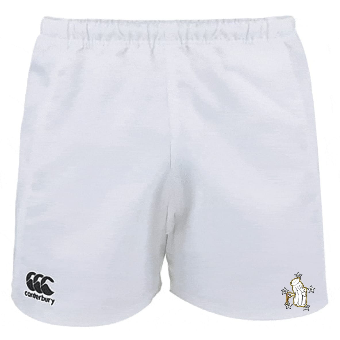 The EMB Canterbury Five Star Rugby Professional Polyester Shorts feature a black Canterbury logo on the left leg and a cartoon penguin crest on the right.