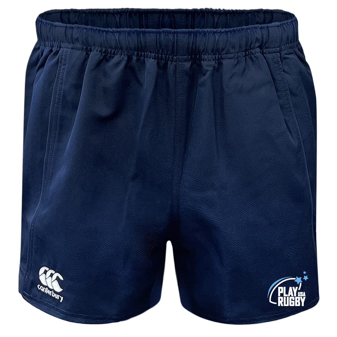 The Play Rugby USA Advantage Rugby Shorts by EMB Canterbury feature a navy blue design, elastic waistband, moisture-wicking fabric, white Canterbury logo on the left leg, and the "Play Rugby USA" logo on the right leg.