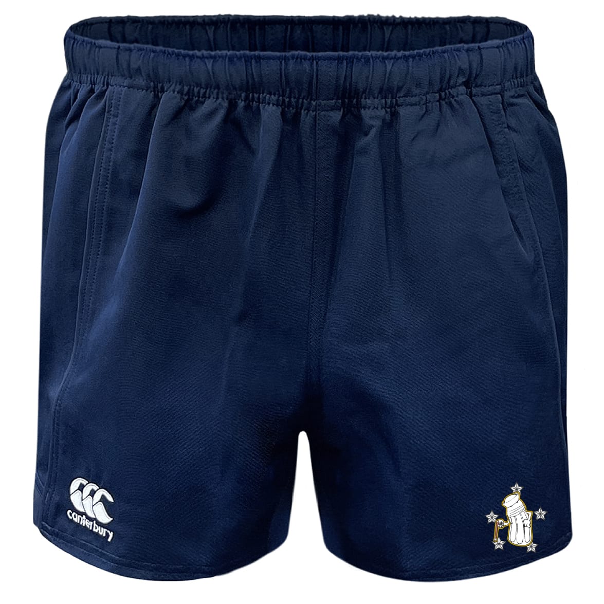The Five Star Rugby Professional Polyester Rugby Short by EMB Canterbury features an elastic waistband, convenient pockets, the Canterbury logo on the left leg, and a bird crest on the right leg.