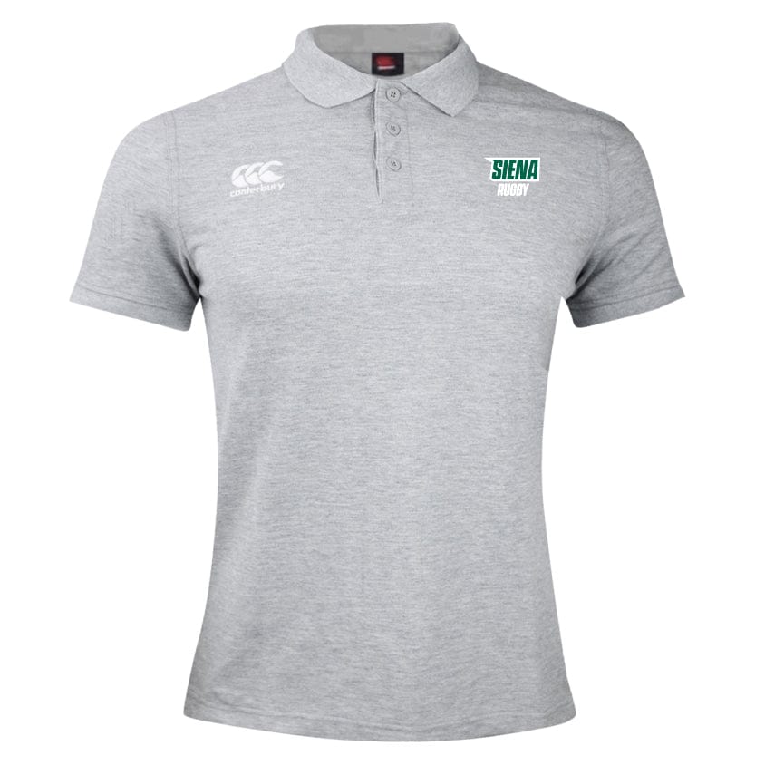 The EMB Canterbury Siena College Waimak Polo, in gray, features a buttoned collar and two logos: a stylized kiwi bird and "Siena Rugby." Made from a comfy cotton-polyester blend, it's perfect for fans.