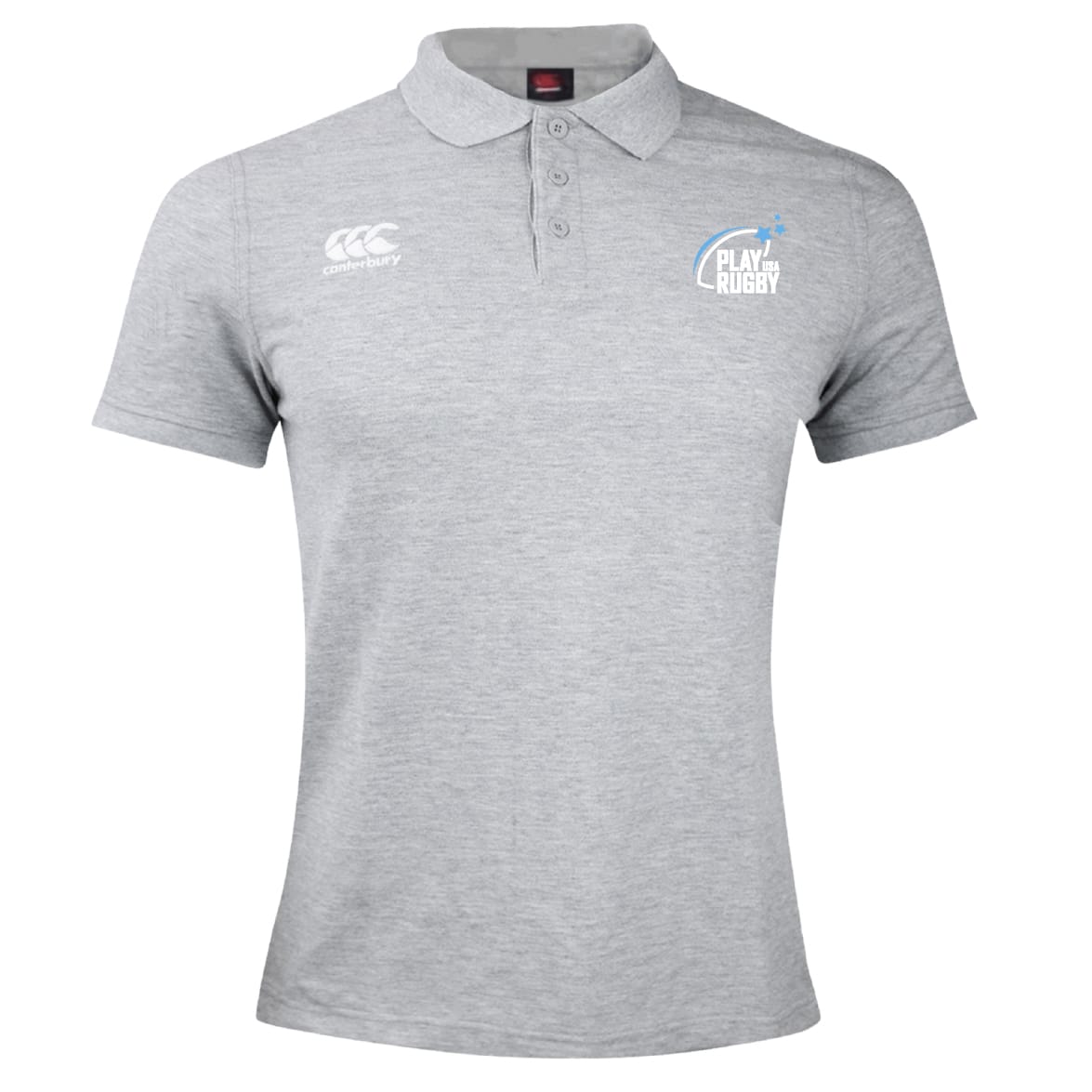 The Play Rugby USA Waimak Polo by EMB Canterbury is a light grey men's rugby shirt with a collar, three buttons, and embroidered Canterbury and "Play Rugby" logos on the chest.