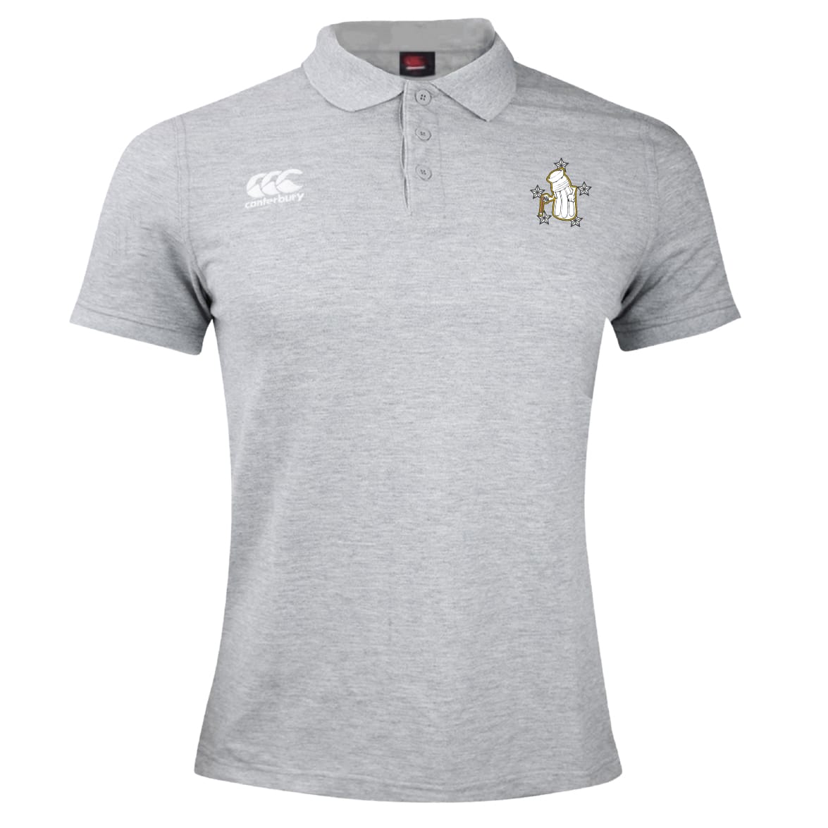 The EMB Canterbury Five Star Rugby Waimak Polo is a light grey men’s shirt featuring a white right-chest logo and embroidered left emblem, blending classic comfort and style for rugby fans and players alike.
