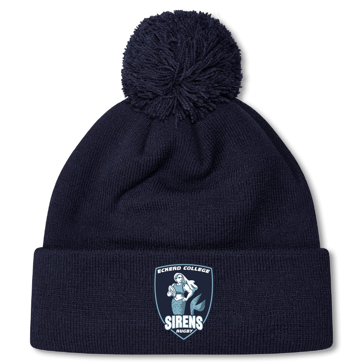 The Eckerd College Pom Pom Beanie by Canterbury, from EMB Canterbury, is a navy blue rugby hat with a fleece-lined interior, front cuff logo patch, and pom-pom on top.