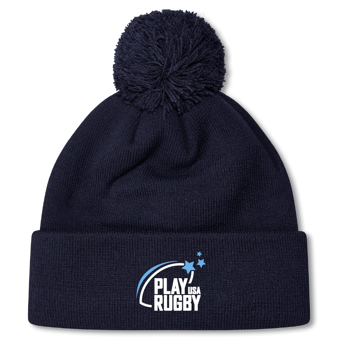 Stay warm on game days with the Play Rugby USA Pom Pom Beanie by EMB Canterbury, featuring a navy blue design, cozy fleece lining, and a white-and-blue "Play Rugby USA" logo on the cuff.