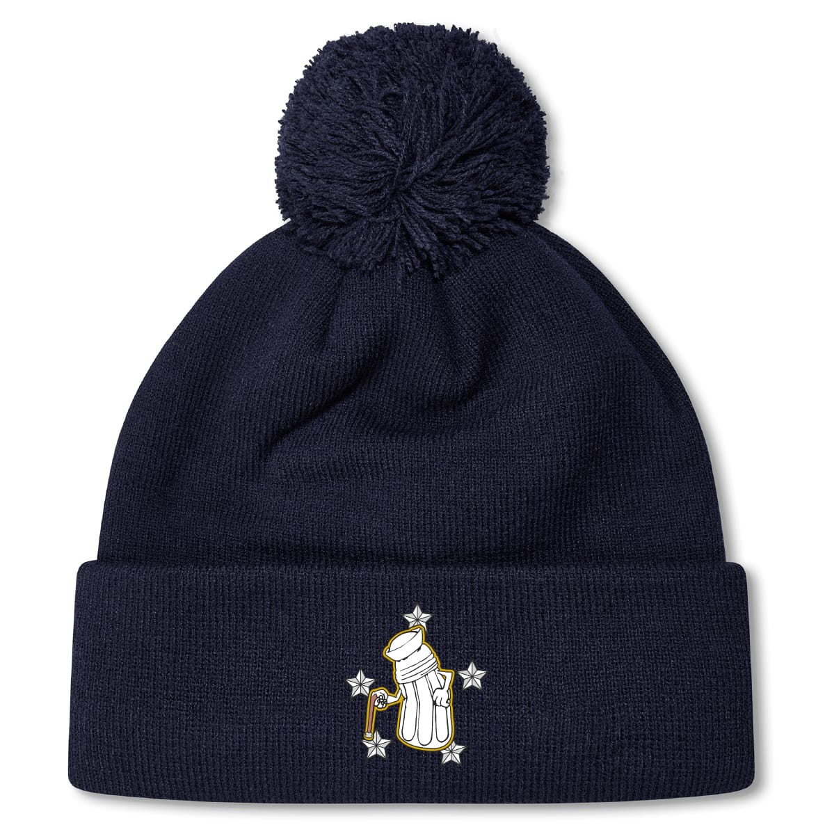The Five Star Rugby Pom Pom Beanie by EMB Canterbury is a navy blue knit hat with a pom-pom, featuring an embroidered glove holding a candy cane surrounded by stars on the front fold.