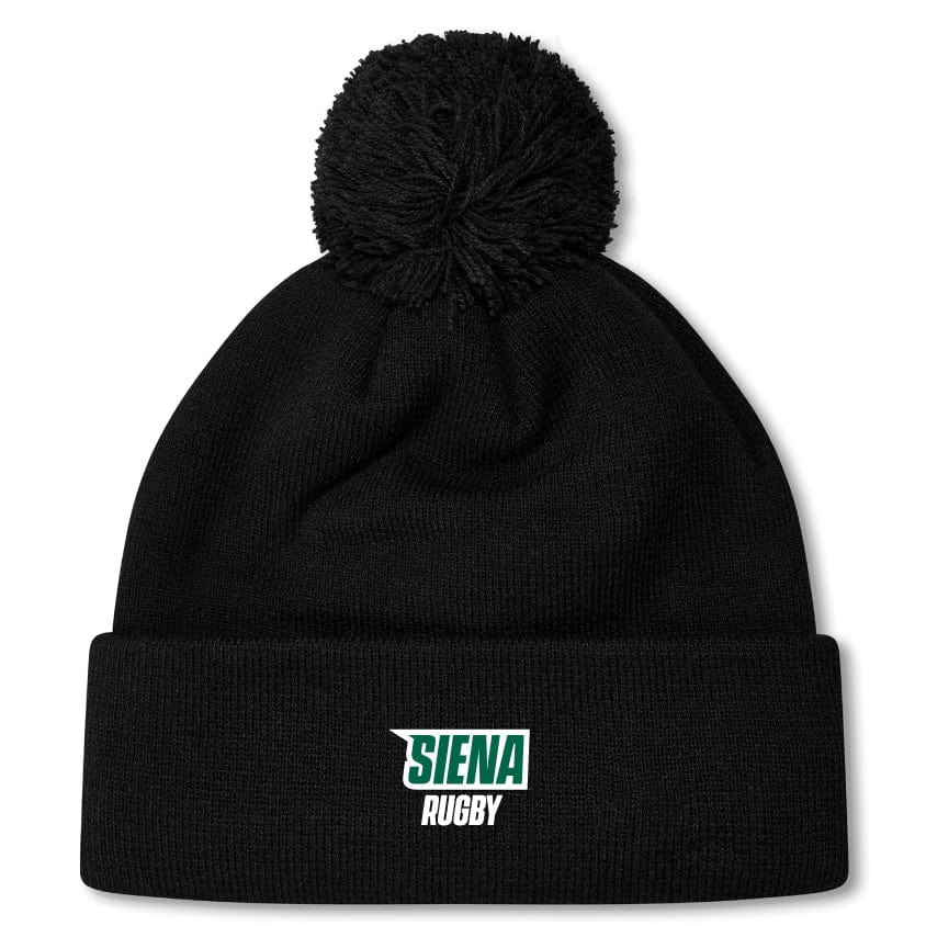 A black EMB Canterbury beanie, featuring a cozy fleece lining and pom-pom, displays "Siena" and "Rugby" in green and white text on its folded brim.