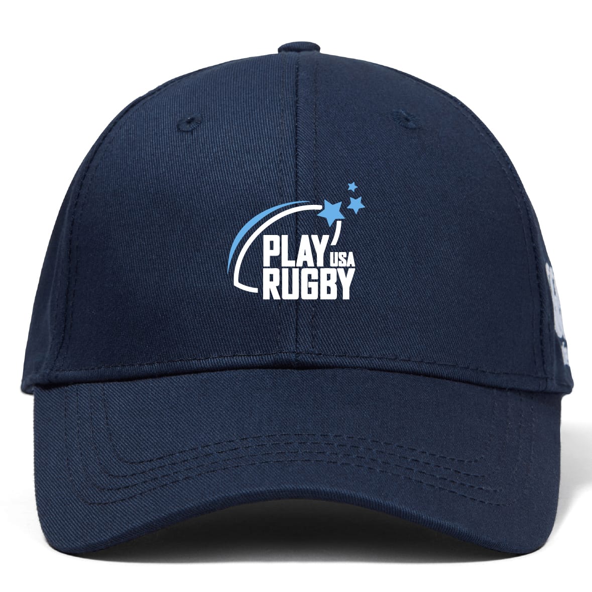 The Play Rugby USA Flexfit Drill Cap by Canterbury features a navy blue curved brim and displays the "Play Rugby USA" logo in white and light blue with three stars above, made by EMB Canterbury.