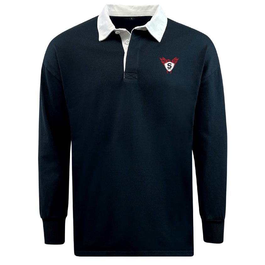 The EMB Mudoo Superior Rugby Classic Long Sleeve Solid Rugby Jersey is a black cotton/poly rugby with a relaxed fit, white collar, and a red and white embroidered "S" logo on the left chest.