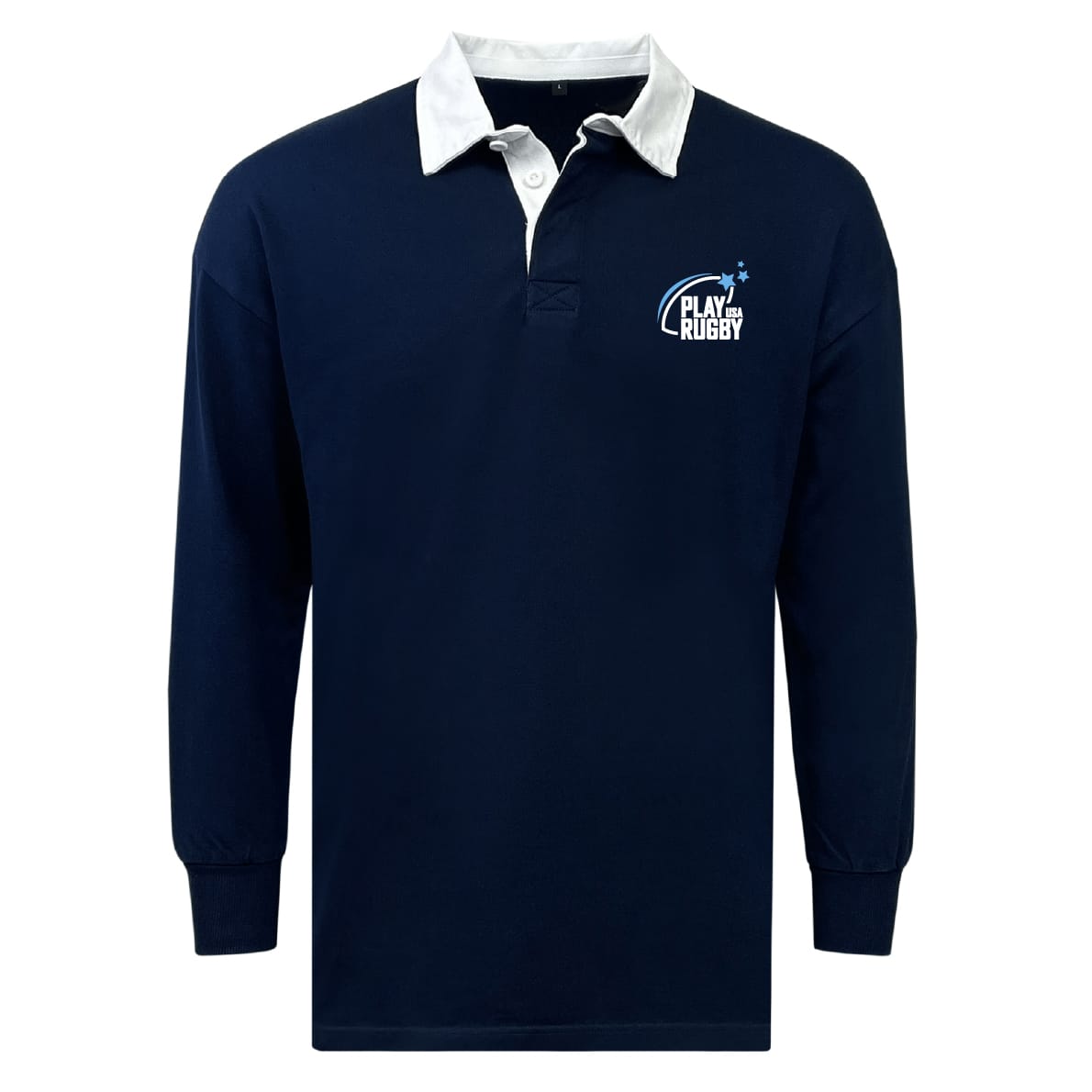 The EMB Mudoo Play Rugby USA Classic Long Sleeve Solid Rugby Jersey features a navy blue design with a white collar and cuffs, plus a "Play Rugby" logo on the upper left chest.