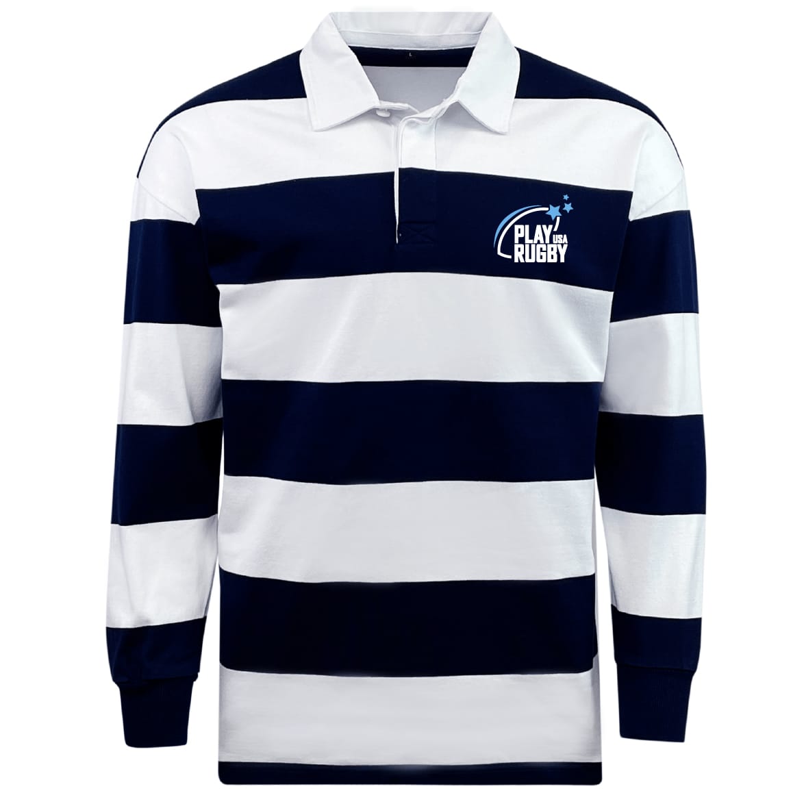 The EMB Mudoo Play Rugby USA Classic Long Sleeve Hooped Rugby Jersey features wide navy and white stripes, a white collar, and a "Play Rugby" logo on the chest for timeless style and comfort.