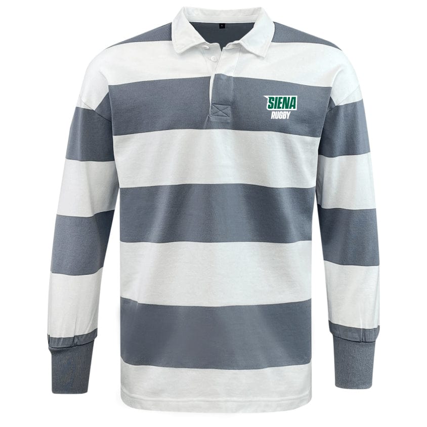 The Siena College Classic Long Sleeve Hooped Rugby Jersey by EMB Mudoo features wide gray and white stripes with a "Siena Rugby" logo on the chest, showcasing a throwback aesthetic.