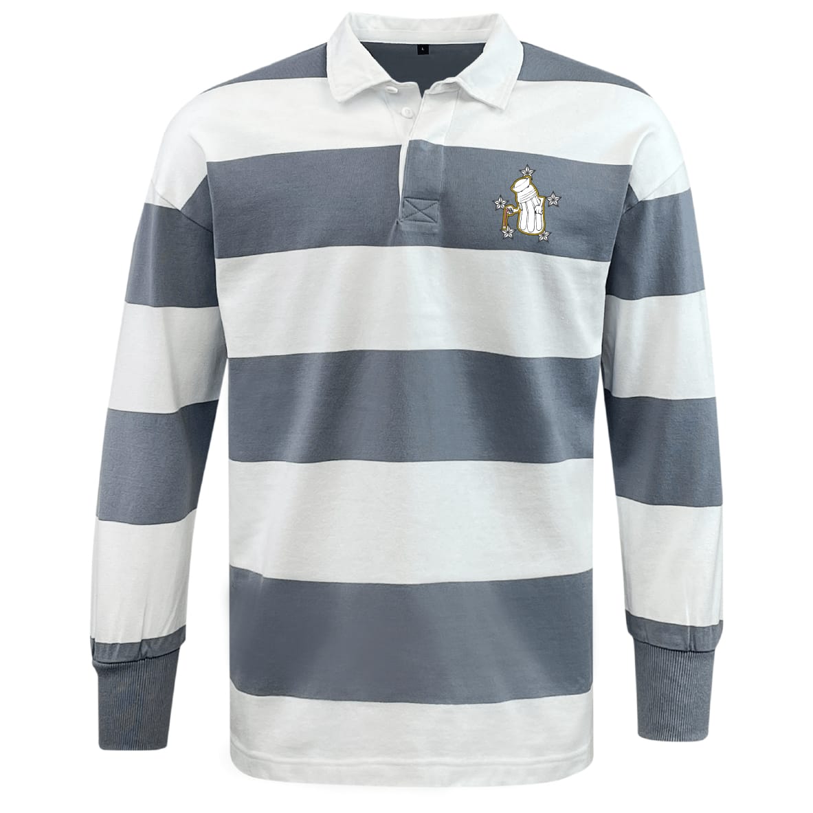 The EMB Mudoo Five Star Rugby Classic Long Sleeve Hooped Rugby Jersey features wide grey and white stripes and a small embroidered llama holding a trophy on the left chest.