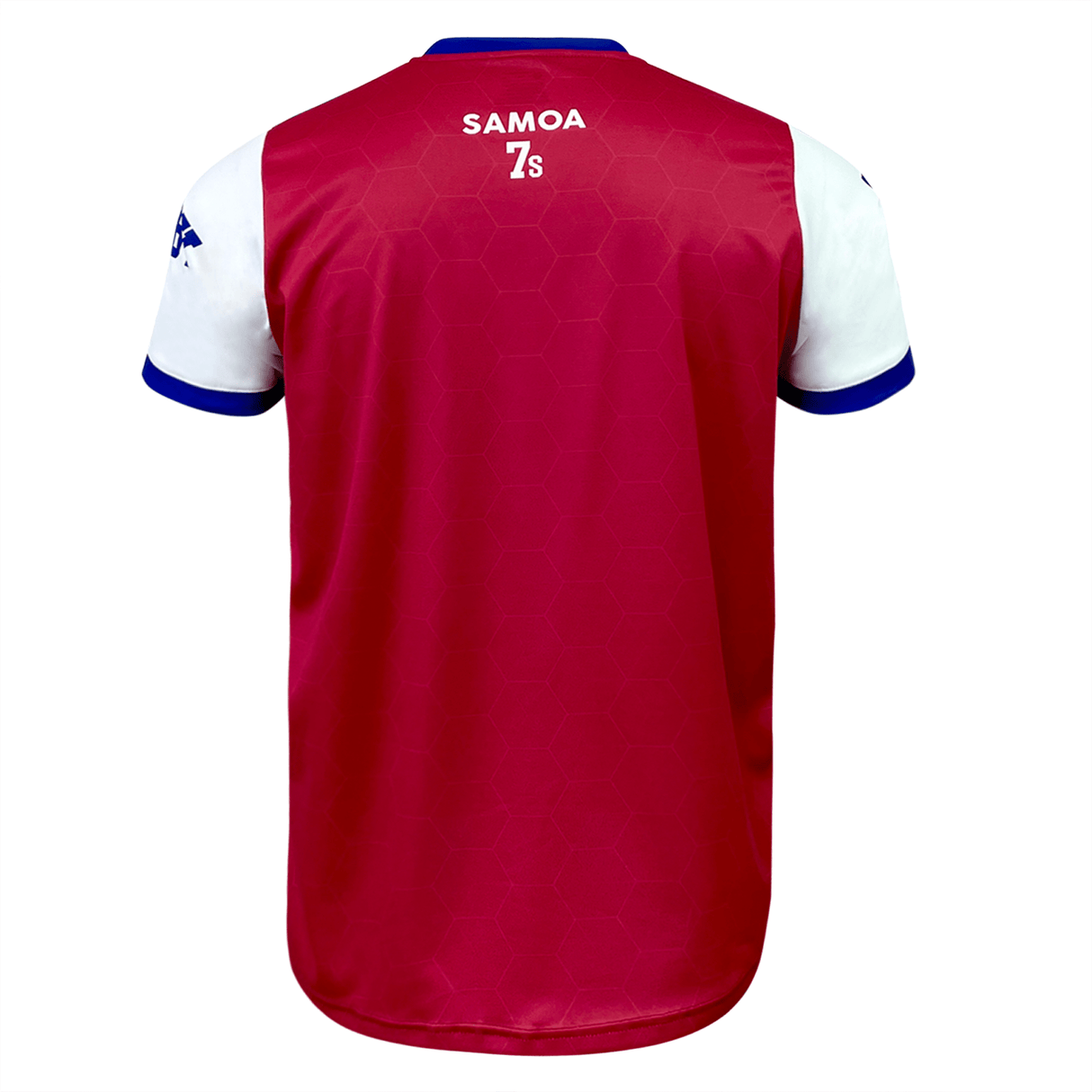 Back view of a maroon sports jersey with white and blue accents, featuring the text "SAMOA 7s" at the top. This Nations of Rugby Samoa Sevens Rugby Flag Jersey by Admiral incorporates VapoDraw technology for enhanced performance.