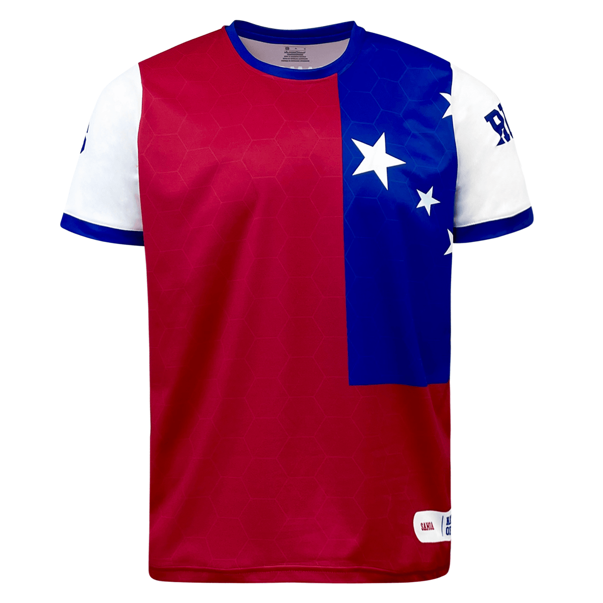 This Nations of Rugby Samoa Sevens Rugby Flag Jersey by Admiral is a short-sleeved shirt with a hexagon pattern, featuring a red body, blue and white accents on the left side, and white sleeves. The blue section has three white stars, reminiscent of the Samoa flag rugby jersey. Various small logos complete the look.