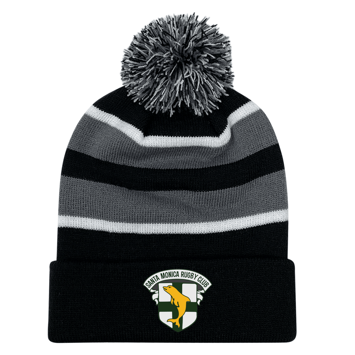 A Santa Monica Rugby Club Hooped Knit Fold Over Pom-Pom Beanie by EMB Augusta.