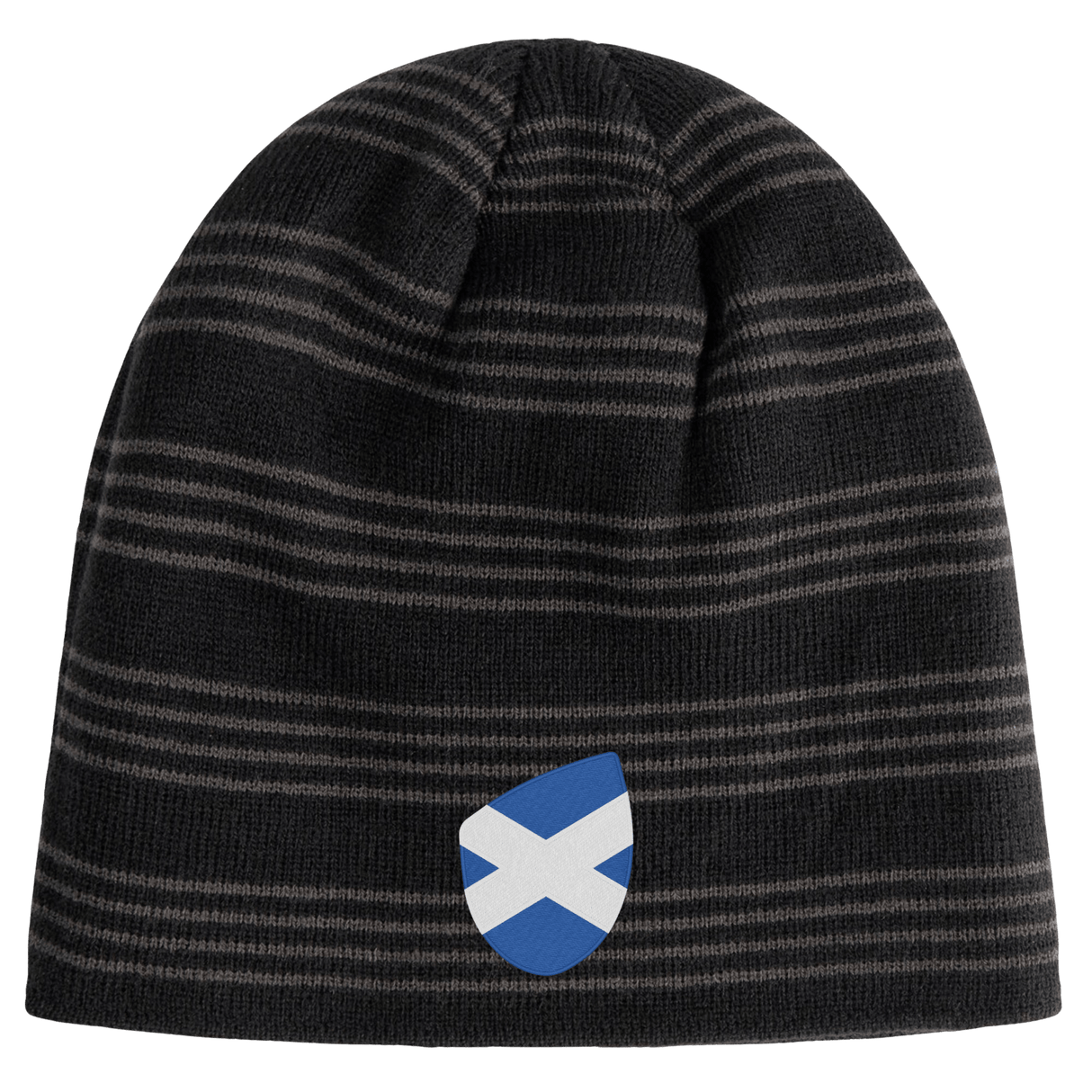 A Scotland Shield Beanie by EMB Canterbury in black and gray stripes, featuring a shield patch on the front.