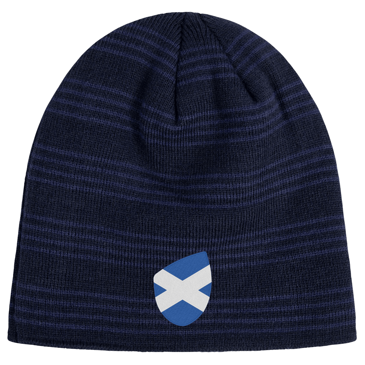 The EMB Canterbury Scotland Shield Beanie is a navy blue knit hat featuring horizontal stripes and a small blue and white shield emblem with the Scottish flag.
