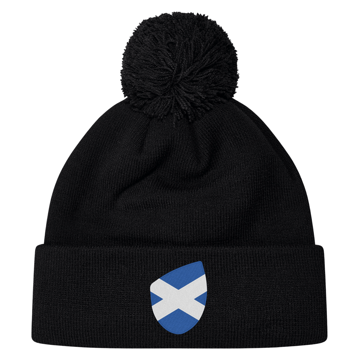 The EMB Canterbury Scotland Shield Pom Pom Beanie is black with a cozy knit design, featuring the Scotland Shield badge on the front, adding national pride.