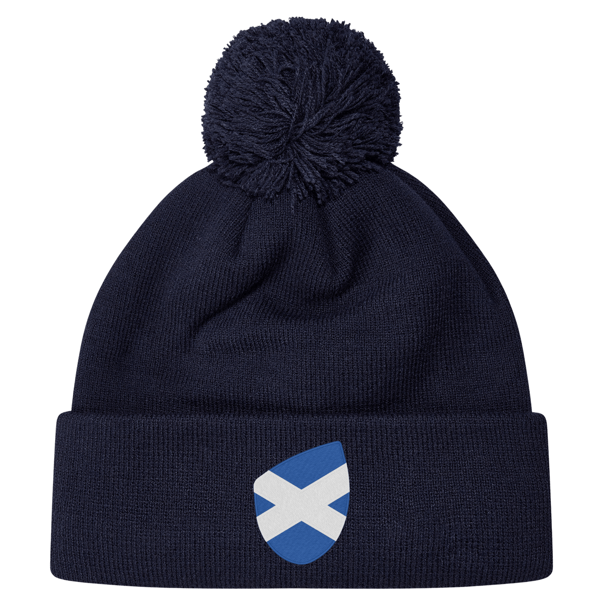 The Scotland Shield Pom Pom Beanie by EMB Canterbury, in navy blue, features a Scottish flag emblem on the front, offering warmth and national pride.