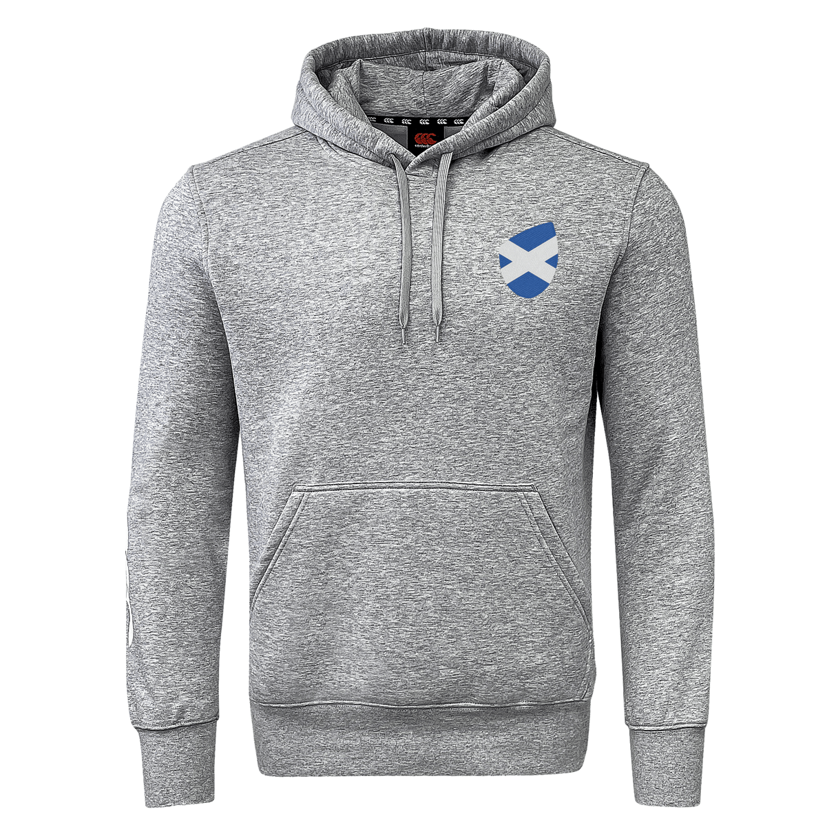 The Scotland Shield Club Hoodie by EMB Canterbury is made of sweatshirt fleece, featuring a drawstring hood, front pocket, and a small blue and white shield emblem on the chest—ideal for rugby supporters.