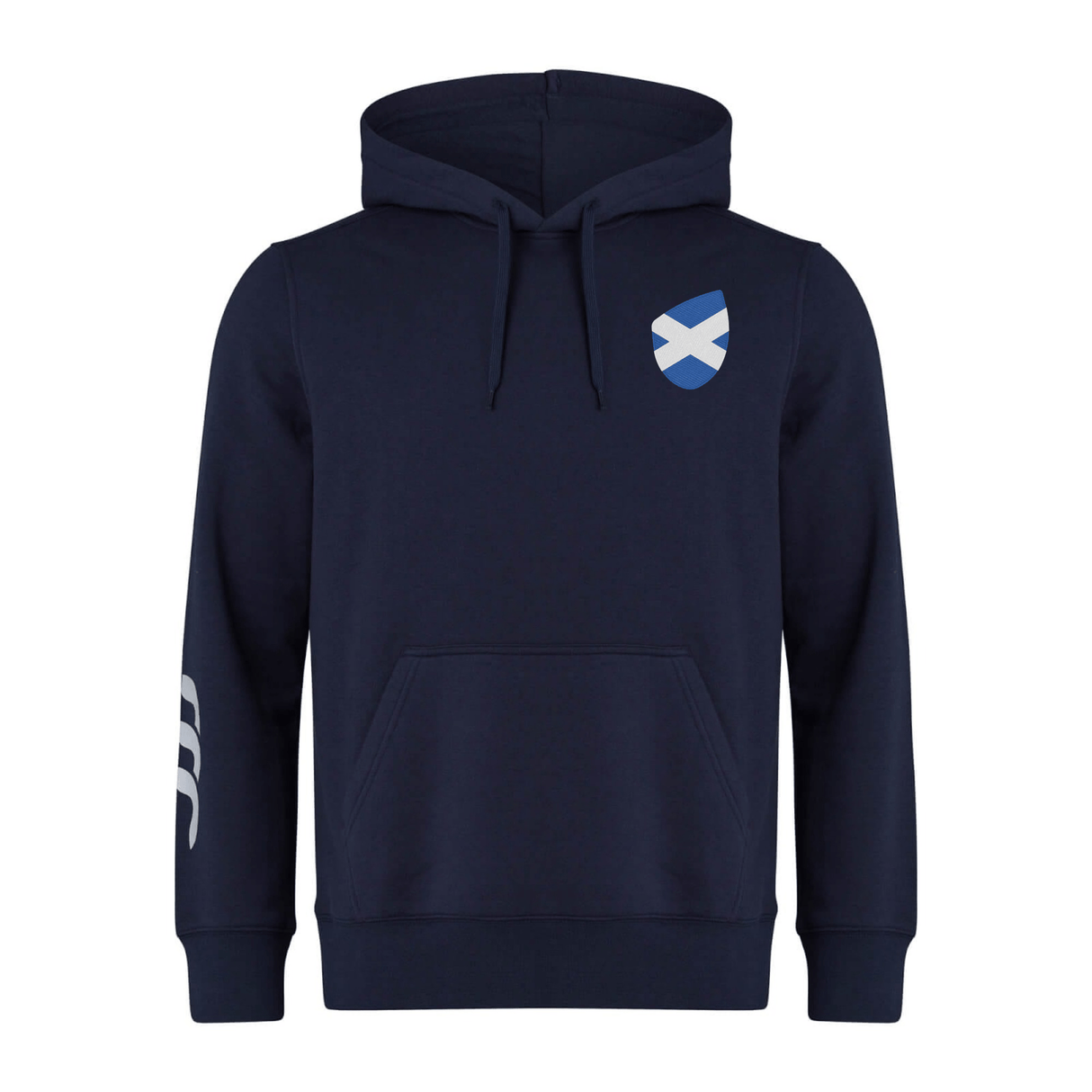 The EMB Canterbury Scotland Shield Club Hoodie is navy blue with a white and blue shield emblem on the chest, ideal for rugby fans. It features three white stripes on the right sleeve, offering comfort and warmth with its cozy sweatshirt fleece.
