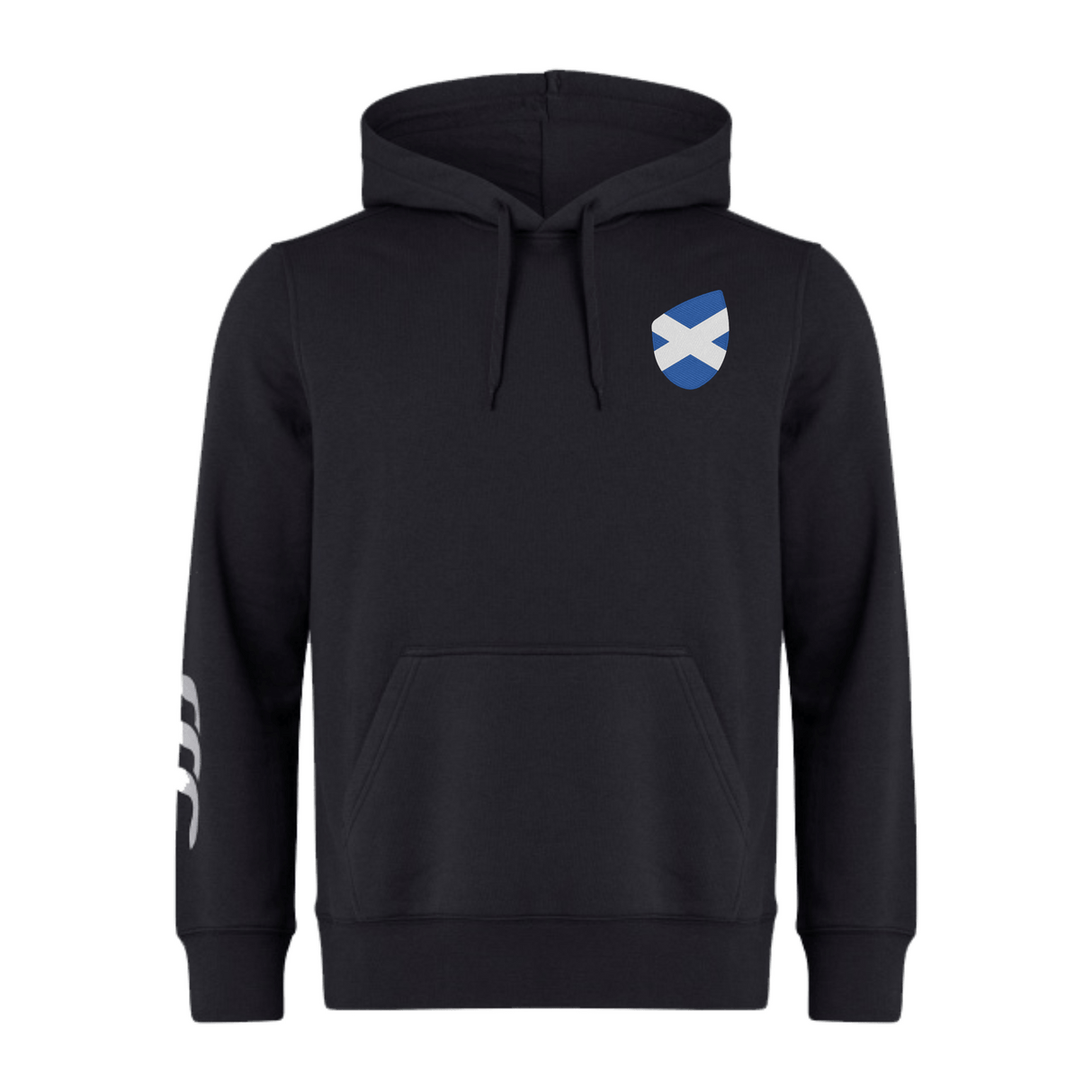 The Scotland Shield Club Hoodie by EMB Canterbury is a black sweatshirt fleece hoodie with a hood, drawstrings, and front pocket. It features a blue and white saltire shield on the chest and a sporty three-stripe design on the left sleeve for rugby fans.