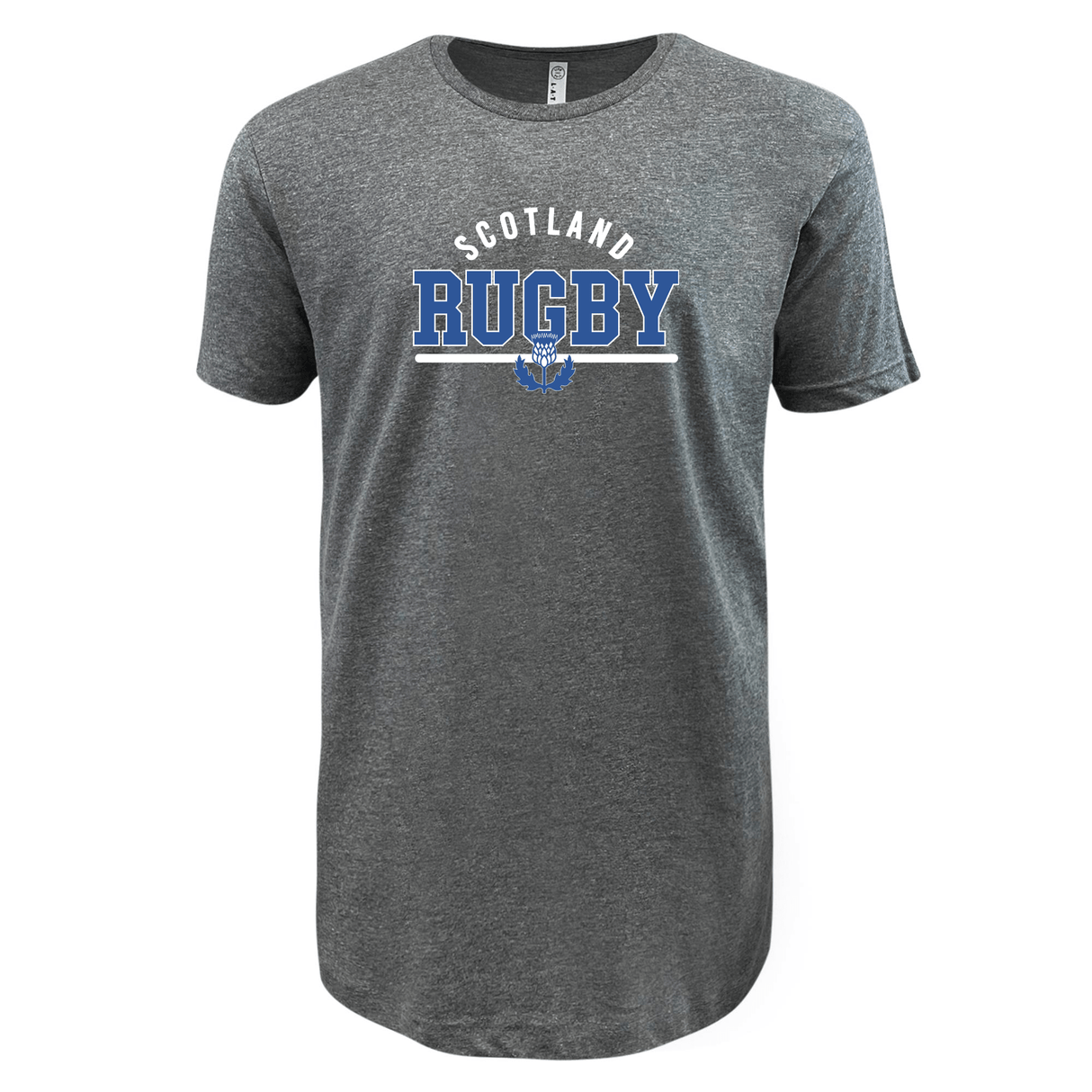 The Nations of Rugby Scotland Wordmark Supersoft Tee by WRS LAT is a grey, incredibly soft t-shirt that showcases "Scotland Rugby" in white and blue letters on the front, accompanied by a thistle emblem below the text. It’s an ideal choice for devoted fans of Nations of Rugby.