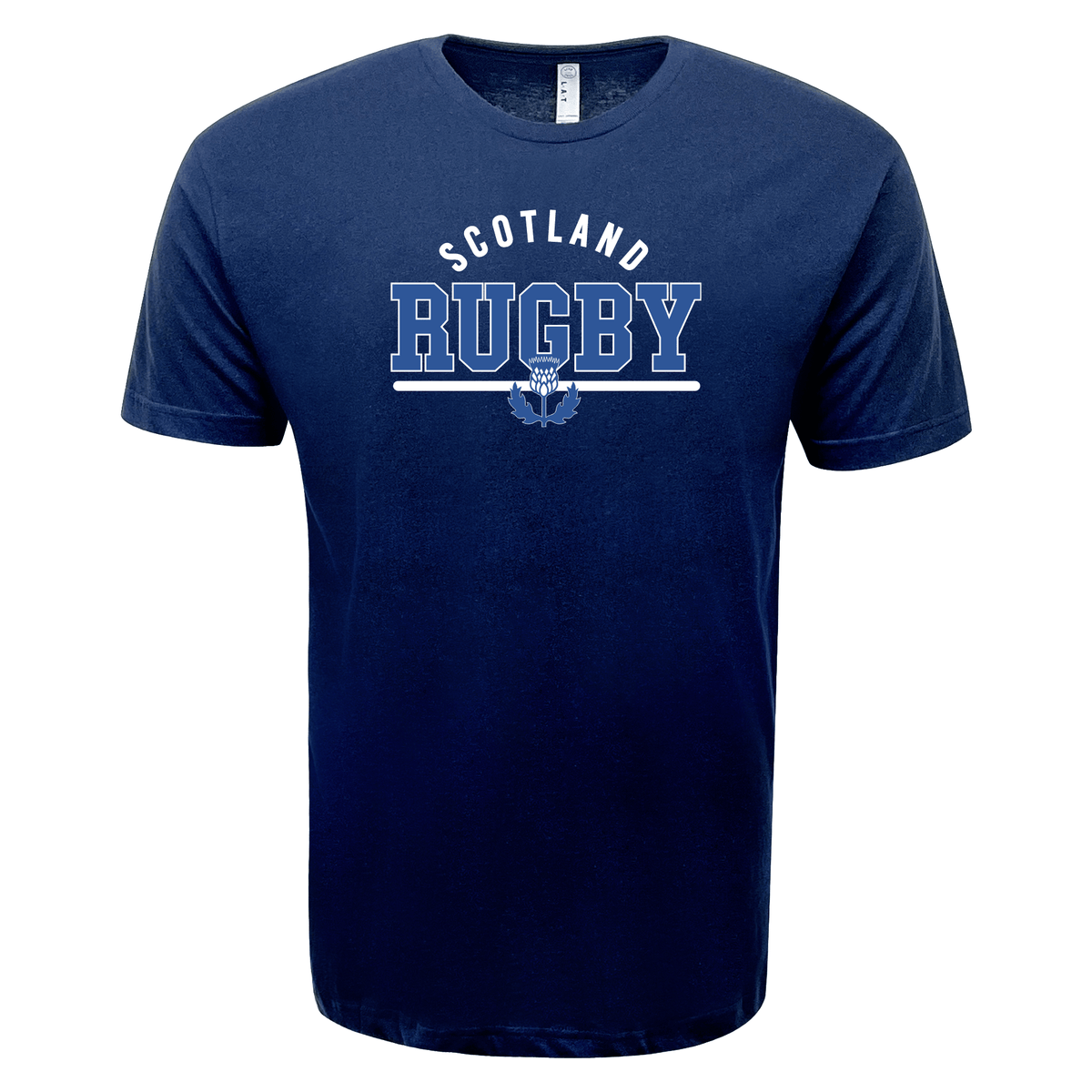 A navy blue WRS LAT Nations of Rugby Scotland Wordmark Supersoft Tee featuring "Scotland Rugby" and a small thistle graphic printed in white on the front.