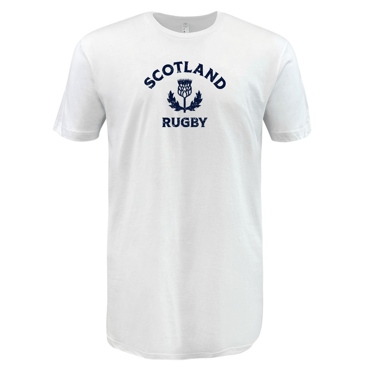 White T-shirt with "SCOTLAND RUGBY" and an emblem featuring a thistle printed in dark blue on the front. This WRS LAT Nations of Rugby Scotland Rugby Supersoft Tee is crafted from supersoft cotton for ultimate comfort.