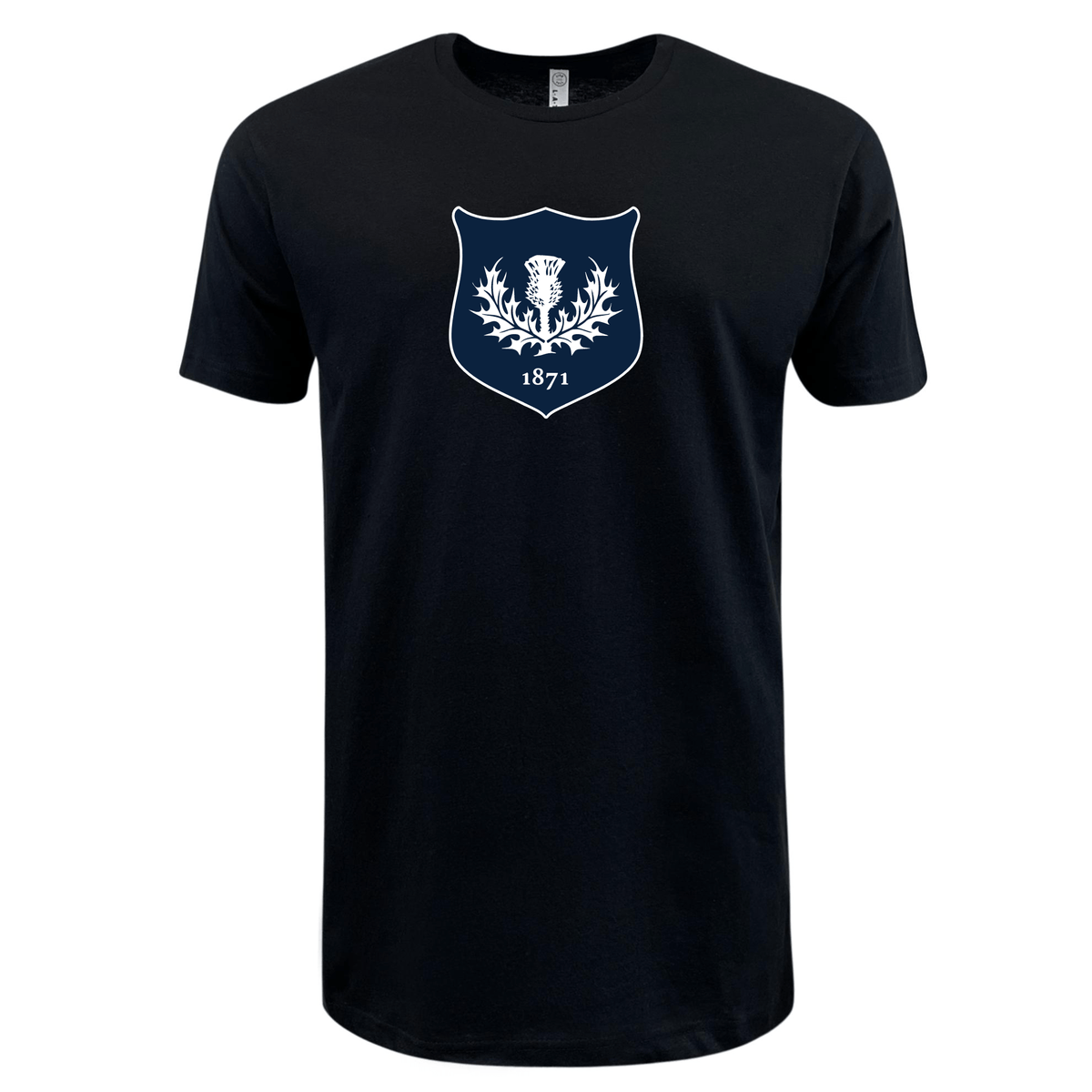 Black Nations of Rugby Vintage Scotland Supersoft Tee with a white crest and the year 1871 on the chest, displayed against a white background by WRS LAT.