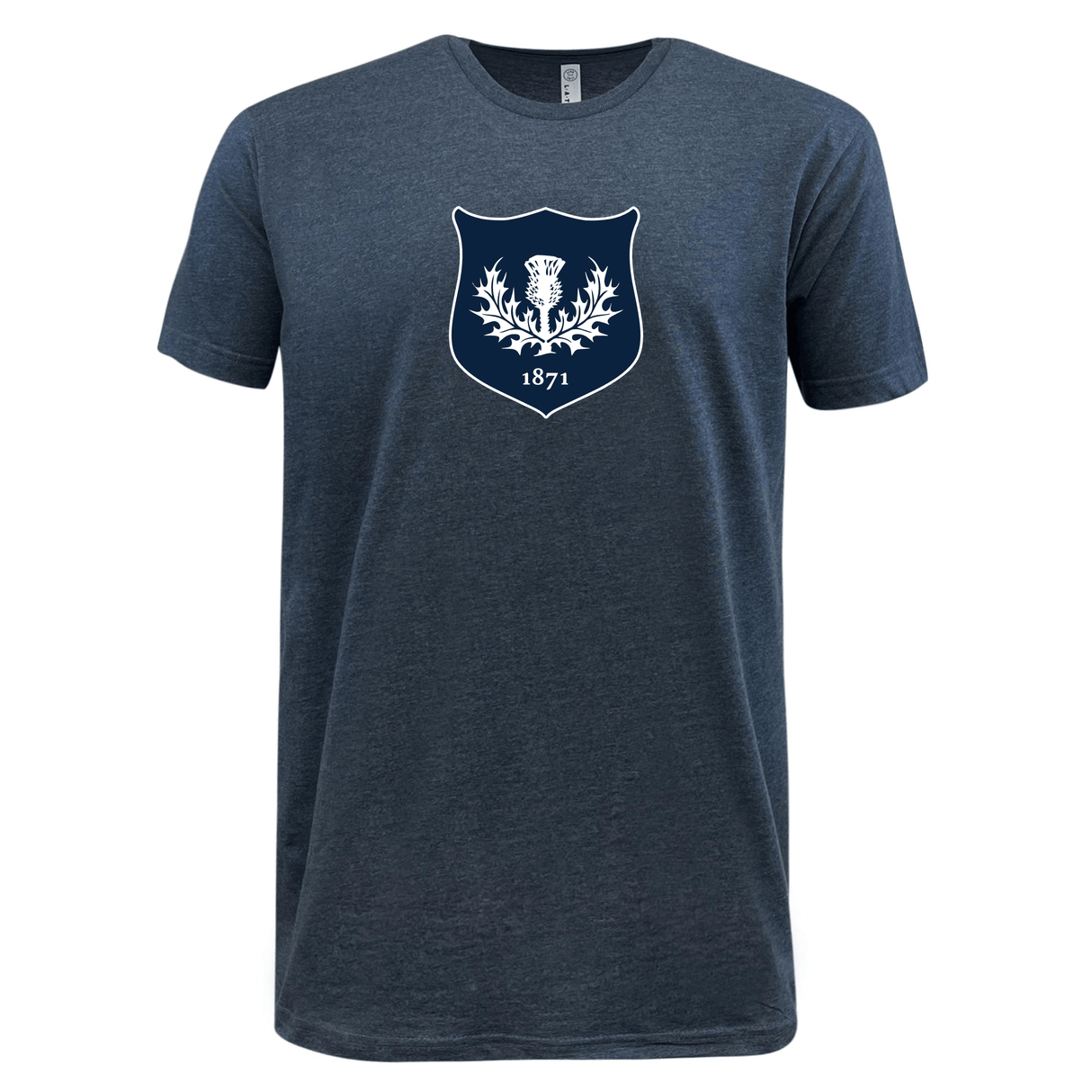 Navy blue rugby t-shirt with a white crest featuring floral designs and the year "1871" displayed on the front, from WRS LAT's Nations of Rugby Vintage Scotland Supersoft Tee.