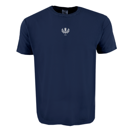 The Scotland Vintage Comfort Tee by EMB S&S Activewear is a plain navy blue shirt featuring an embroidered white laurel wreath and "1879" printed on the upper chest—a classic pick for rugby fans.