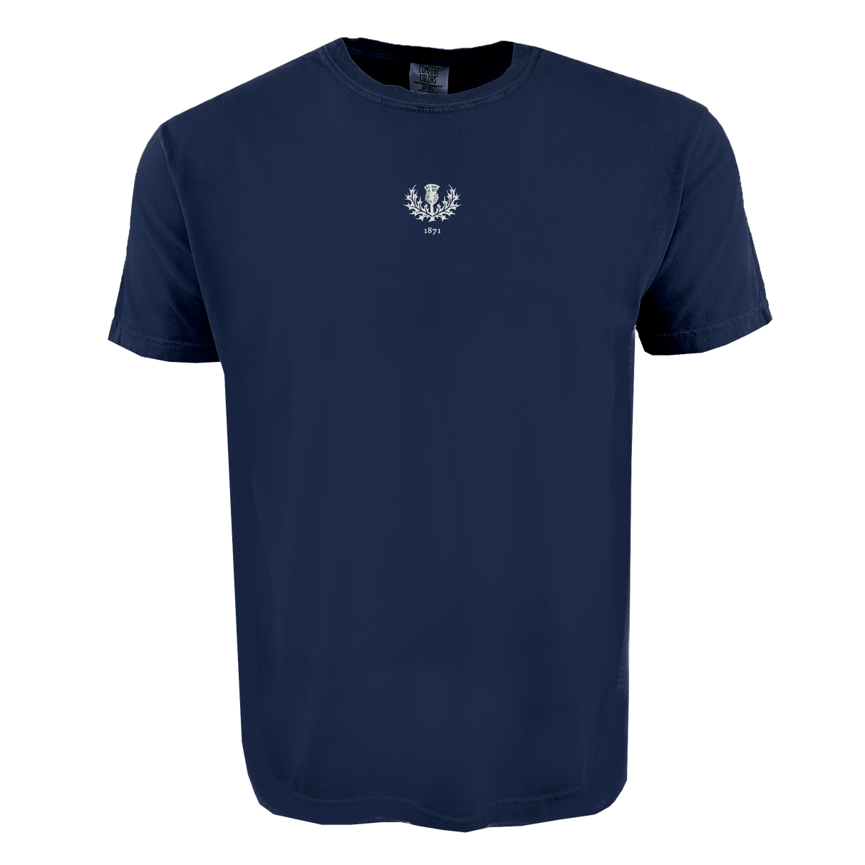 The Scotland Vintage Comfort Tee by EMB S&S Activewear is a plain navy blue shirt featuring an embroidered white laurel wreath and "1879" printed on the upper chest—a classic pick for rugby fans.