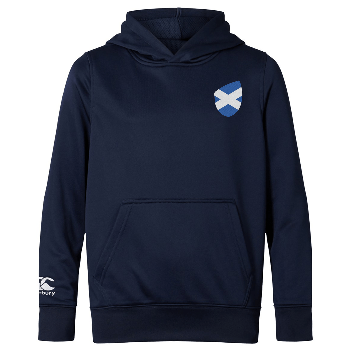 The EMB Canterbury Scotland Shield Club Lightweight Hoodie in navy blue is ideal for rugby fans, featuring a small Scottish flag on the chest and a white logo on the left sleeve.