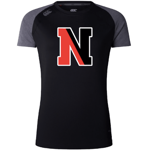 The Northeastern University Rowing Women's Elite Training Tee by Canterbury from WRS Canterbury is a black T-shirt with gray sleeves, featuring a large red and black letter "N" on the front, made from lightweight fabric perfect for elite training.
