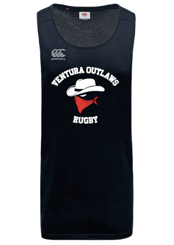 Ventura Outlaws Rugby Tempo Vapodri Singlet by WRS Canterbury, a black rugby tank top crafted from quick-drying recycled polyester, featuring the text "Ventura Outlaws Rugby" and a graphic of a masked figure in a cowboy hat.